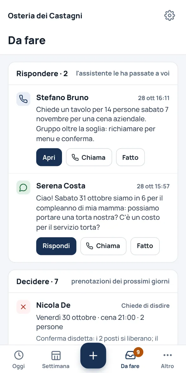 Da fare: Stefano Bruno chiede un tavolo per 14 persone, da richiamare; sotto un messaggio WhatsApp che aspetta risposta